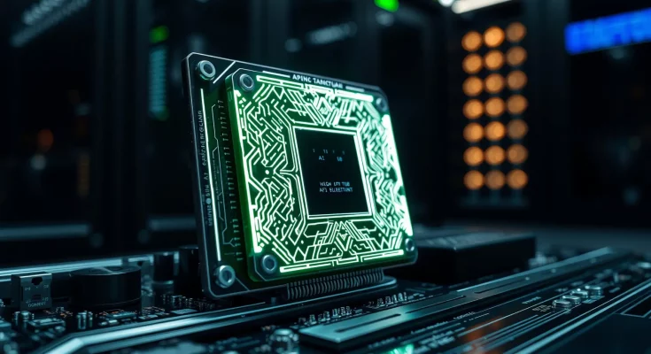 Professional close-up of a futuristic AI semiconductor chip with glowing green circuitry and fast data streams.