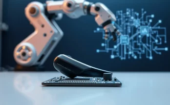 Futuristic AI hardware prototype on circuit board with robotics background, representing OpenAI's US manufacturing strategy