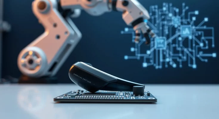 Futuristic AI hardware prototype on circuit board with robotics background, representing OpenAI's US manufacturing strategy