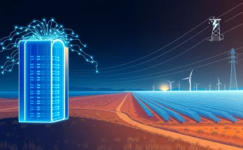 AI data center connected to solar panels representing energy investment for AGI