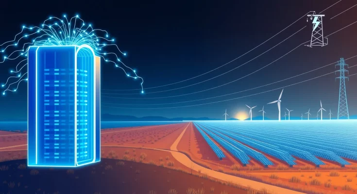 AI data center connected to solar panels representing energy investment for AGI