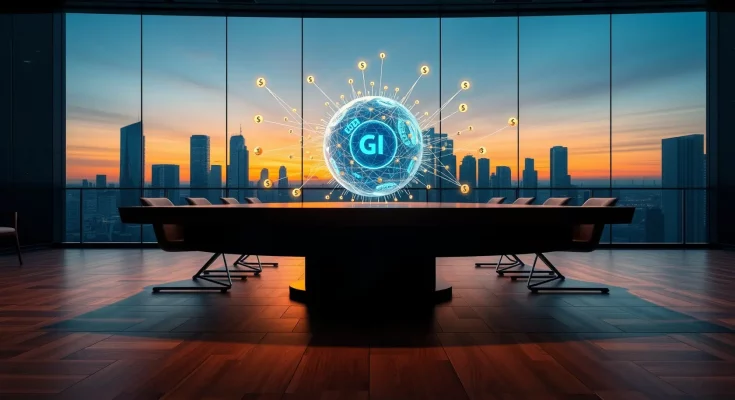 Conceptual image of SoftBank's $41 billion investment in OpenAI featuring a glowing AGI neural network and data streams.