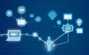 AI agents as digital entities integrating with SaaS platforms through API and UI connections, showing symbiotic relationship with software infrastructure