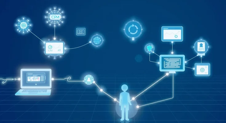 AI agents as digital entities integrating with SaaS platforms through API and UI connections, showing symbiotic relationship with software infrastructure
