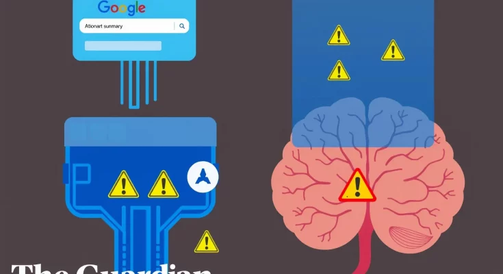 Digital search interface showing AI-generated mental health advice with warning symbols, representing the dangers of AI misinformation in healthcare