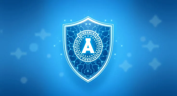 Protective neural network shield symbolizing AI safety and regulation framework for responsible technology governance