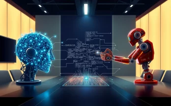 AI rivalry visualization showing Anthropic and OpenAI's agentic models competing in digital arena with code generation and cybersecurity capabilities