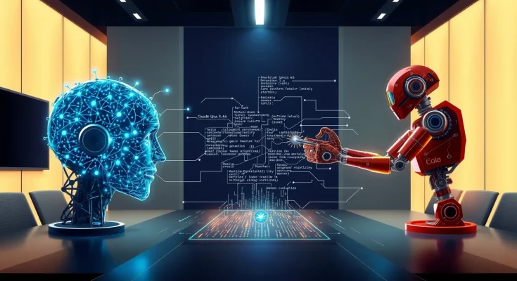 AI rivalry visualization showing Anthropic and OpenAI's agentic models competing in digital arena with code generation and cybersecurity capabilities
