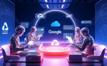 Google's AI workforce using Gemini 3 agents collaborating on customer service, coding, and data analysis tasks with Vertex AI platform.