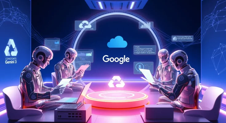 Google's AI workforce using Gemini 3 agents collaborating on customer service, coding, and data analysis tasks with Vertex AI platform.