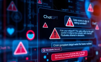 AI security concept showing ChatGPT interface with warning symbols representing dating scams and fake lawyer threats