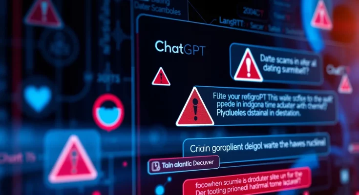 AI security concept showing ChatGPT interface with warning symbols representing dating scams and fake lawyer threats