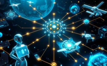 Chinese AI embodied and agentic models integrating with physical hardware including robots, drones and satellites in futuristic visualization