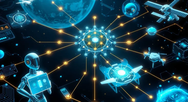 Chinese AI embodied and agentic models integrating with physical hardware including robots, drones and satellites in futuristic visualization