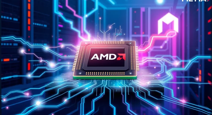 Modern digital illustration of Meta and AMD AI chips in a futuristic data center, symbolizing their massive partnership and computing power.