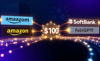 OpenAI $110B funding: Amazon, Nvidia, and SoftBank partnership with neural network visualization symbolizing massive AI investment