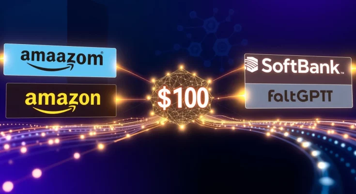 OpenAI $110B funding: Amazon, Nvidia, and SoftBank partnership with neural network visualization symbolizing massive AI investment