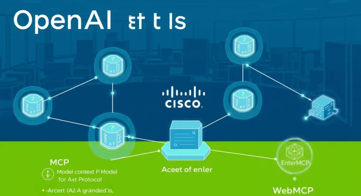 OpenAI and Cisco partnership for agentic AI standards showing interconnected AI agents with networking infrastructure and protocols.