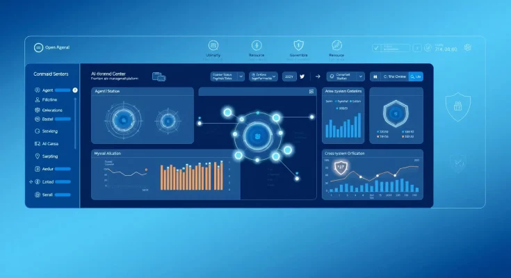 Enterprise AI management dashboard for OpenAI Frontier showing centralized control of multiple AI agents with real-time metrics and security features
