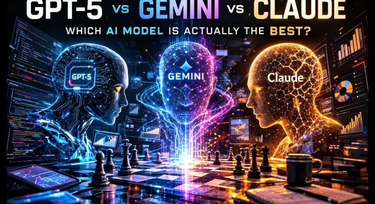 Infographic comparing GPT-5, Gemini, Claude, and Grok AI models highlighting their unique strengths and capabilities