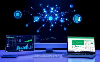 AI agent with autonomous computer capabilities interacting with financial data visualizations and spreadsheet interfaces in a professional digital workspace.