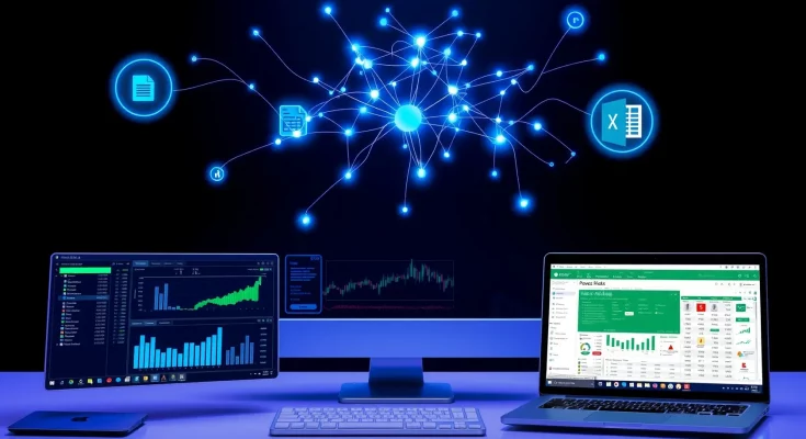 AI agent with autonomous computer capabilities interacting with financial data visualizations and spreadsheet interfaces in a professional digital workspace.