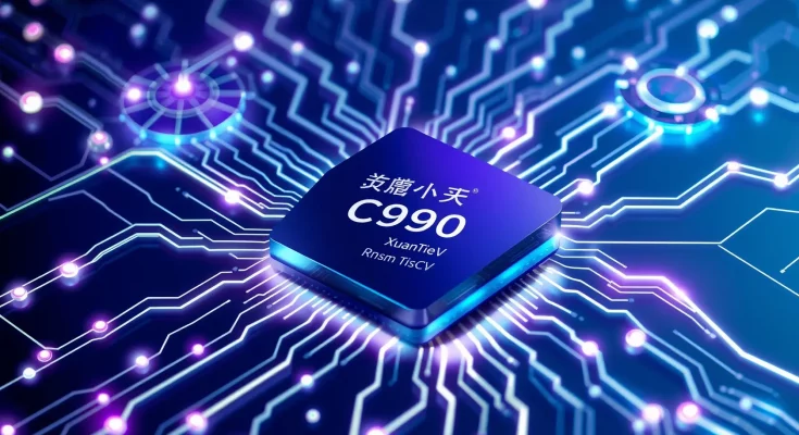 Alibaba XuanTie C950 5nm chip for agentic AI with neural network visualization