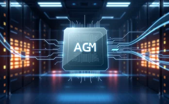 Sleek Arm AGI CPU chip with glowing circuitry in a futuristic data center, symbolizing Agentic AI hardware innovation.