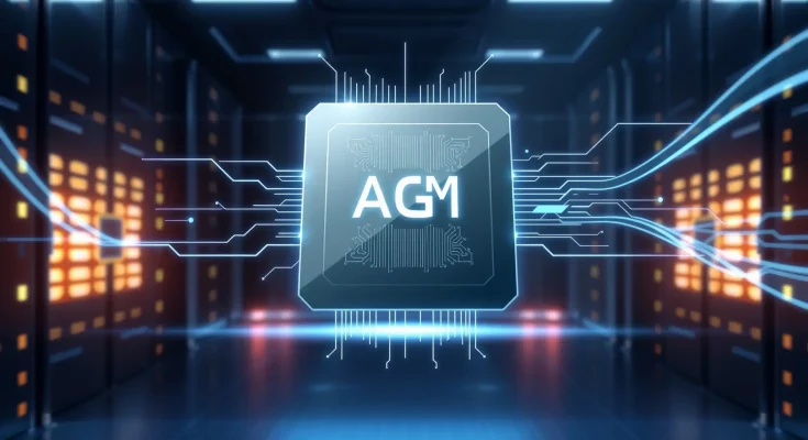 Sleek Arm AGI CPU chip with glowing circuitry in a futuristic data center, symbolizing Agentic AI hardware innovation.