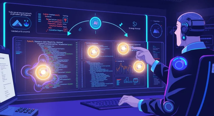 AI agents autonomously conducting machine learning research in an infinite loop with code, PyTorch, and neural networks.
