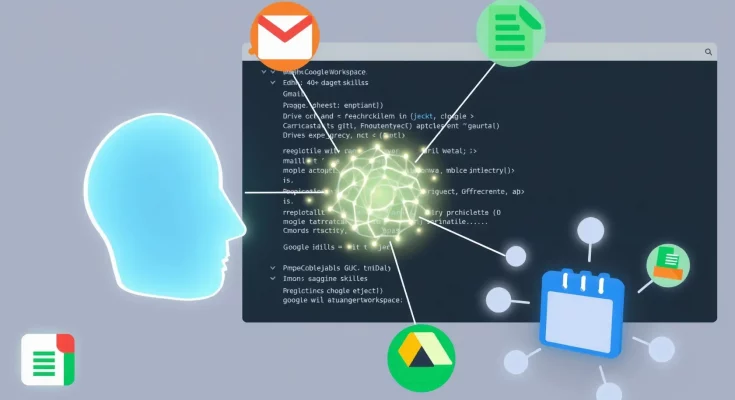 AI agent connecting to Gmail, Docs, Sheets, and other Google Workspace apps via command-line interface with structured JSON data flow