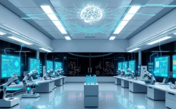 Futuristic AI research lab with autonomous agents conducting experiments