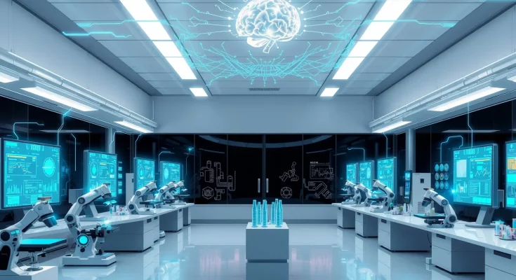 Futuristic AI research lab with autonomous agents conducting experiments