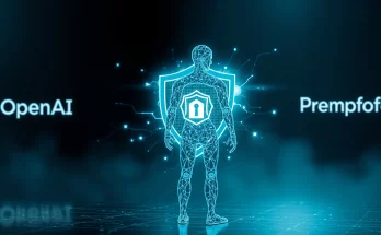 Futuristic AI agent with glowing security shield representing OpenAI acquisition of Promptfoo for AI agent protection