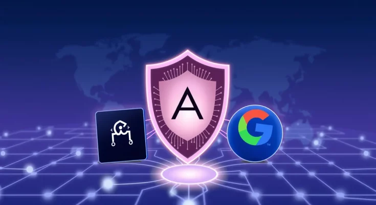 OpenAI, Anthropic, Google unite to block model copying, shown with a shield over a neural network grid.