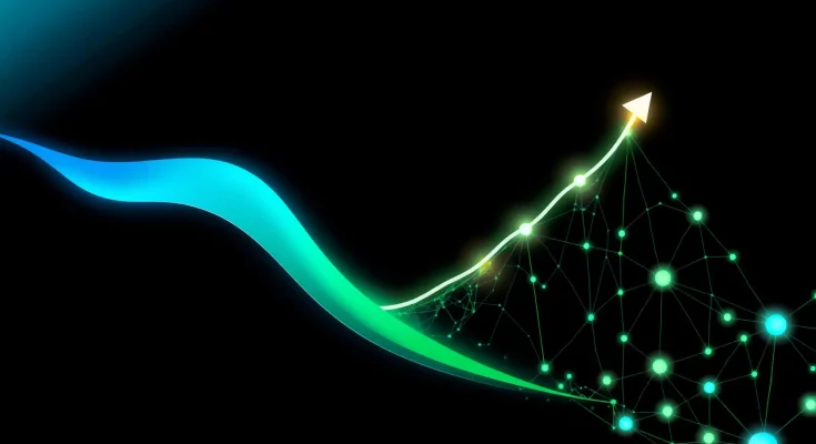 Digital illustration showing diverging AI market investment trends with glowing data pathways and neural network elements.
