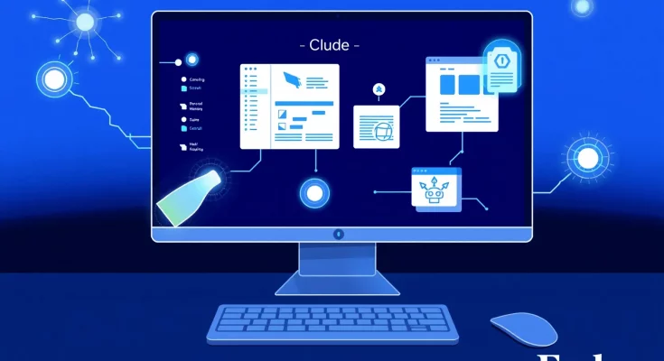 Claude AI controlling computer interface with neural network connections, autonomous AI agent performing desktop tasks