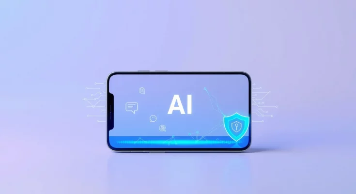 Android smartphone with Gemini Nano 4 AI processing locally, showing privacy shield and multimodal capabilities