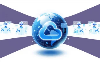 Google AI agent avatars guiding automated business charts on a holographic cloud interface