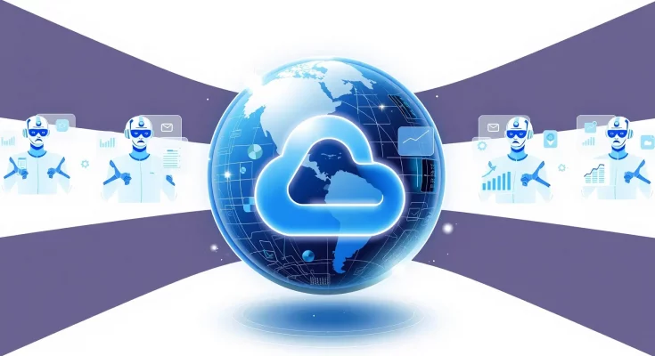 Google AI agent avatars guiding automated business charts on a holographic cloud interface