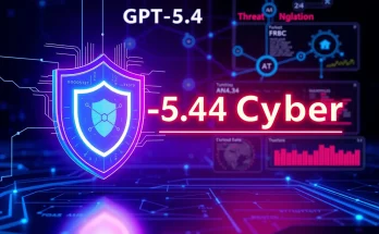 Advanced cybersecurity AI model GPT-5.4-Cyber analyzing digital threats with security shield overlay on tech interface