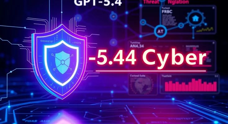 Advanced cybersecurity AI model GPT-5.4-Cyber analyzing digital threats with security shield overlay on tech interface