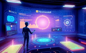 AI agents automating workflows on holographic dashboards, illustrating Microsoft Copilot's agentic AI capabilities