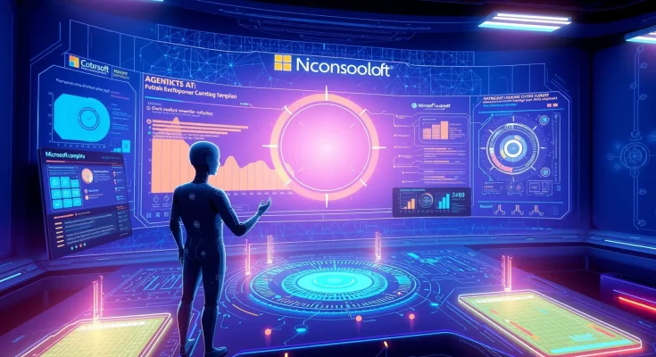 AI agents automating workflows on holographic dashboards, illustrating Microsoft Copilot's agentic AI capabilities