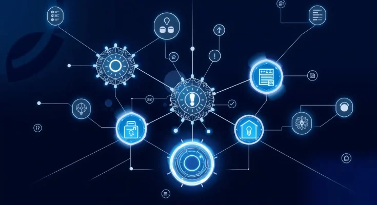 Microsoft AI Copilot Cowork collaborative workflow with interconnected AI models and data visualization