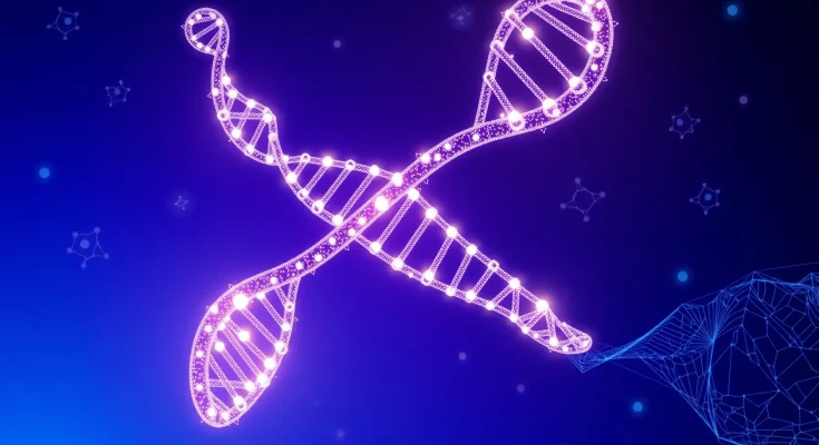 GPT-Rosalind AI model visualized with DNA helix made of digital light, molecular structures, and neural network patterns representing biology and drug discovery