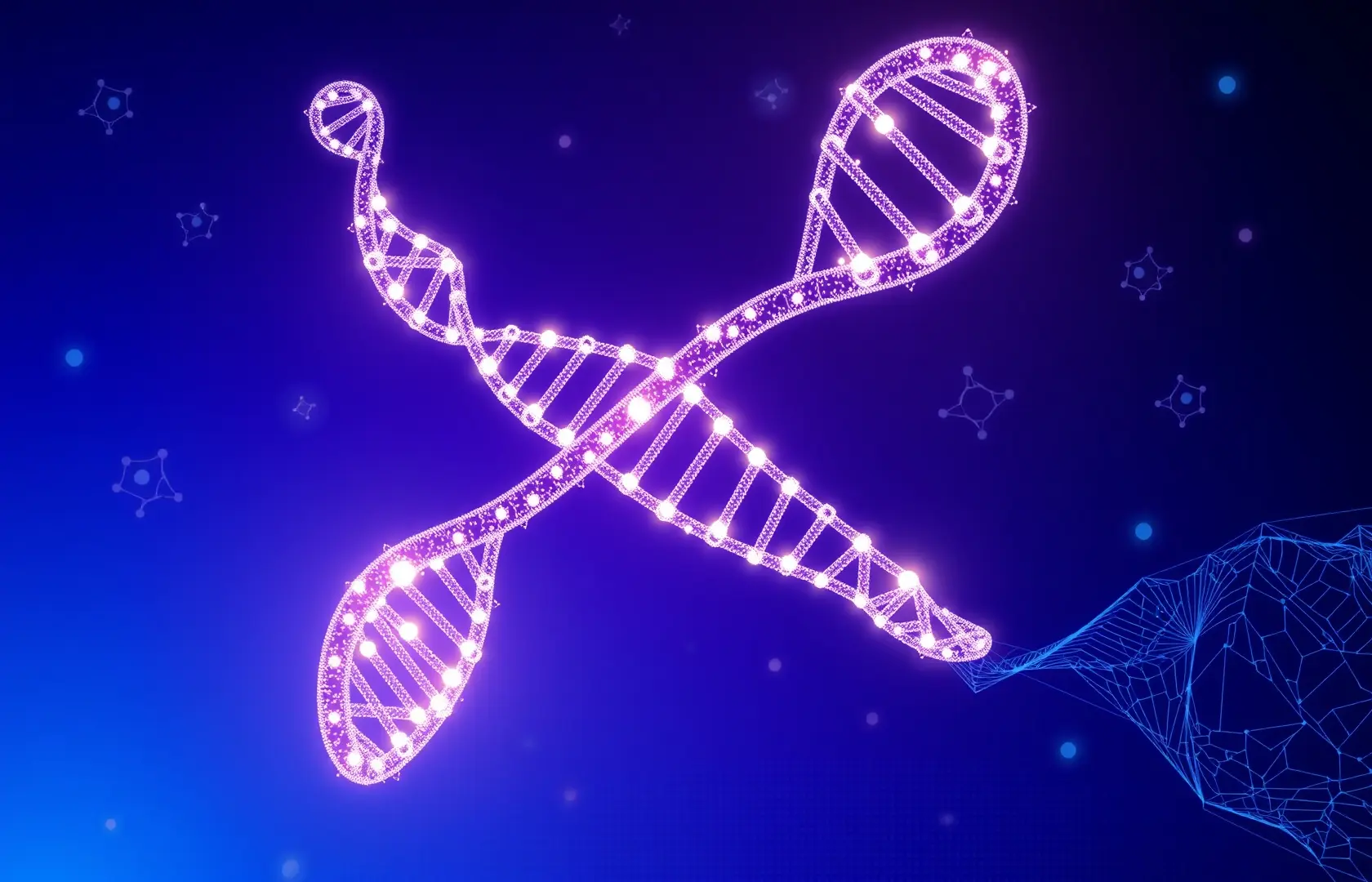 GPT-Rosalind AI model visualized with DNA helix made of digital light, molecular structures, and neural network patterns representing biology and drug discovery