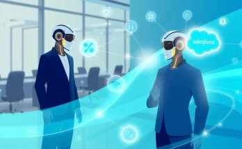 AI agents linking Slack and Salesforce icons in a sleek digital workflow for enterprise automation