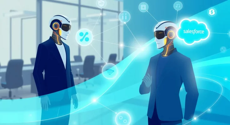 AI agents linking Slack and Salesforce icons in a sleek digital workflow for enterprise automation