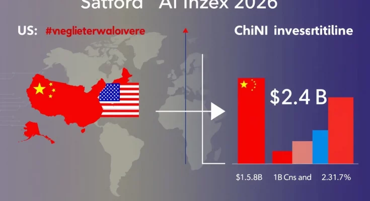 US vs China AI investment bar chart showing narrowing performance gap - Stanford AI Index
